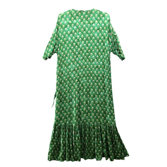 Zara Maxi Dress Womens XS Green Boho Print Ruffle Short Sleeve V-Neck Relaxed - Picture 2 of 10
